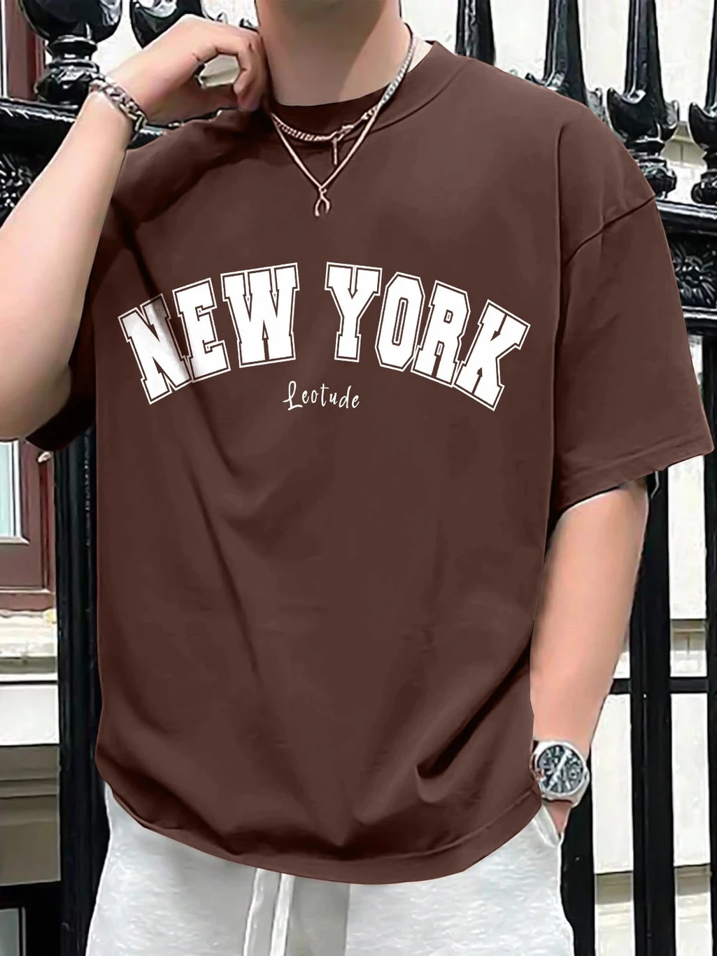 Leotude Men Printed Round Neck Cotton Blend Brown T-Shirt
