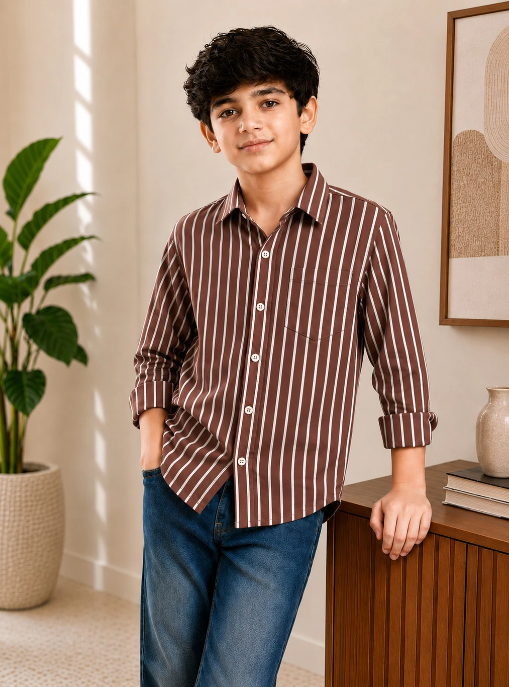 Classic Premium Cotton Casual Shirt in Coffee Brown for Men, Slim Fit Full Sleeve